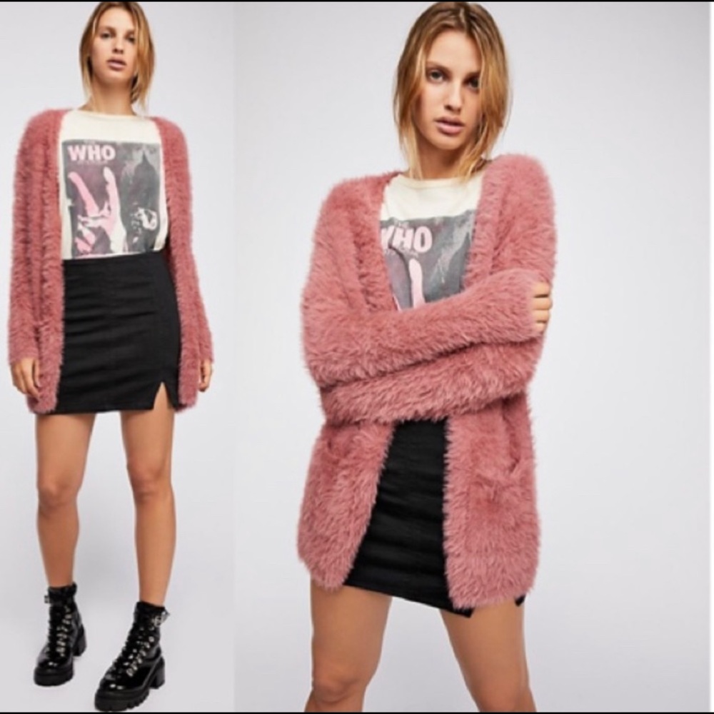 Free People pink faux fur cardigan